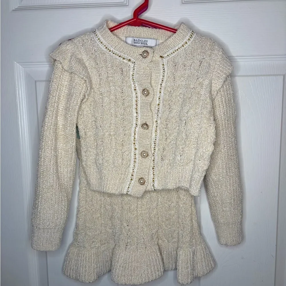 Badgley Mischka Cream Cable Knit Pearl Button Gold Metallic Sweater Set Girl 3T